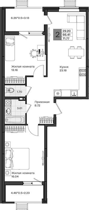 Продается 2-комн. квартира, 66.41 м²