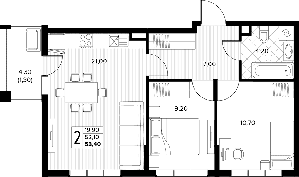 Продается 2-комн. квартира, 52.1 м²