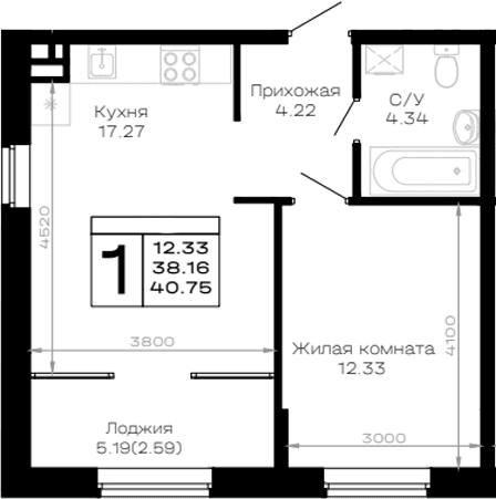 Продается 1-комн. квартира, 38.16 м²