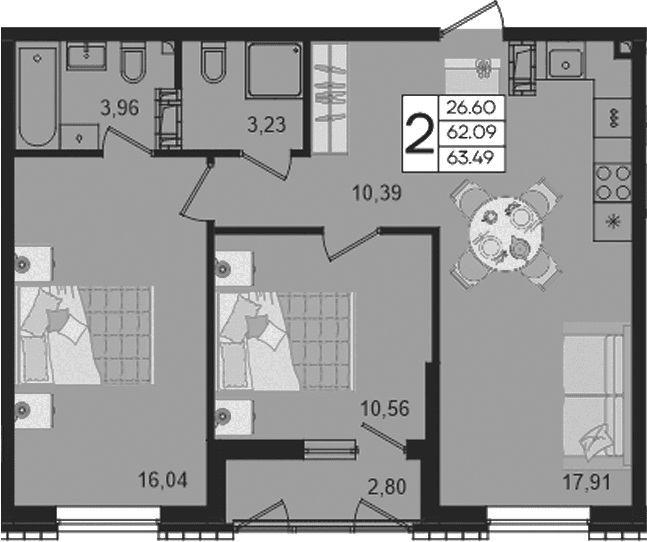 Продается 2-комн. квартира, 62.09 м²
