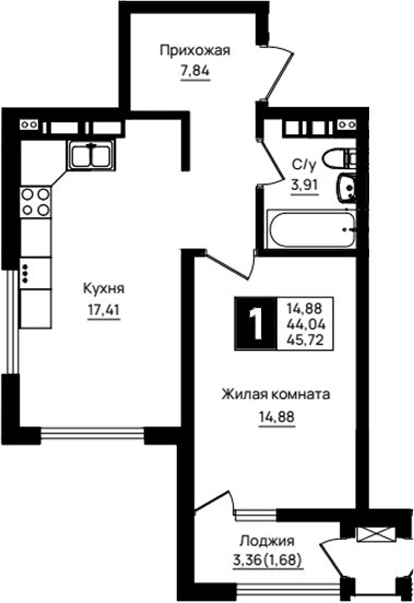 Продается 1-комн. квартира, 44.04 м²