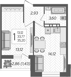 Продается 1-комн. квартира, 33.77 м²