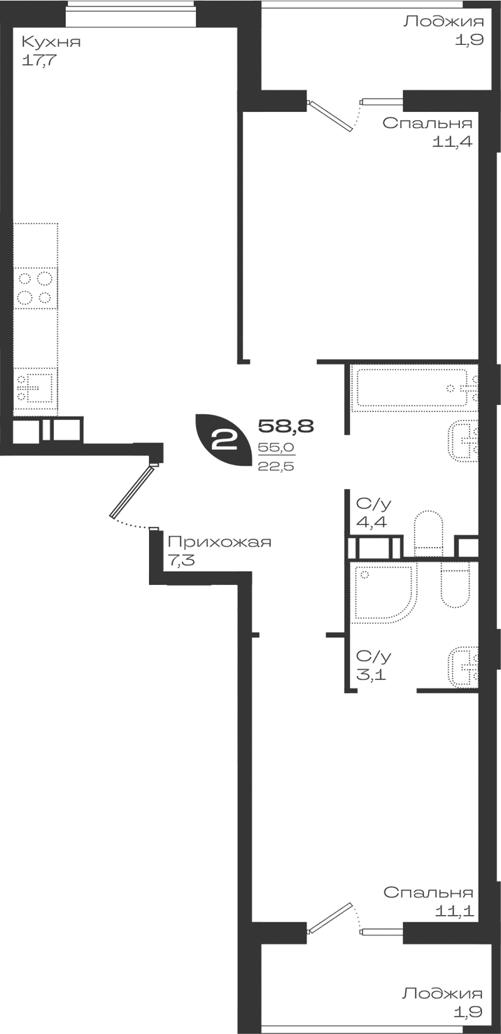 Продается 2-комн. квартира, 55 м²