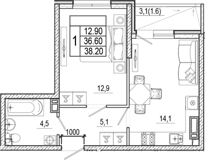 Продается 1-комн. квартира, 36.6 м²