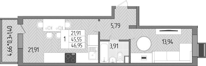 Продается 1-комн. квартира, 45.55 м²
