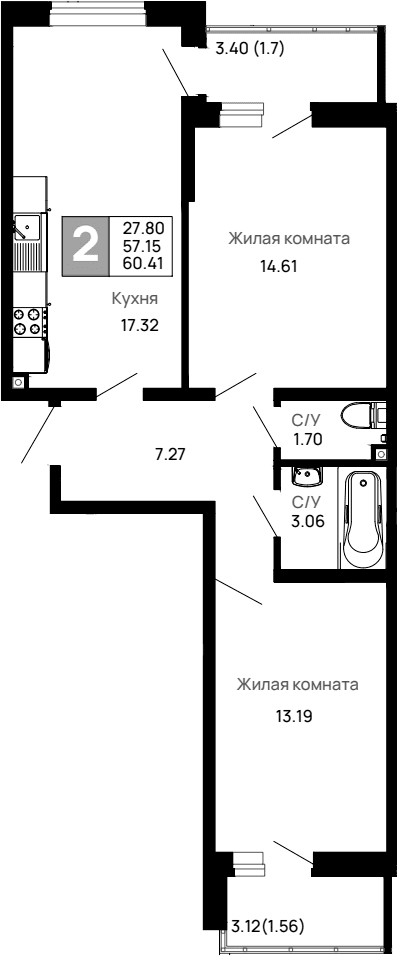 Продается 2-комн. квартира, 57.15 м²