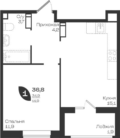 Продается 1-комн. квартира, 34.9 м²