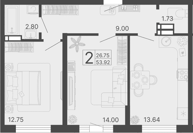 Продается 2-комн. квартира, 53.92 м²