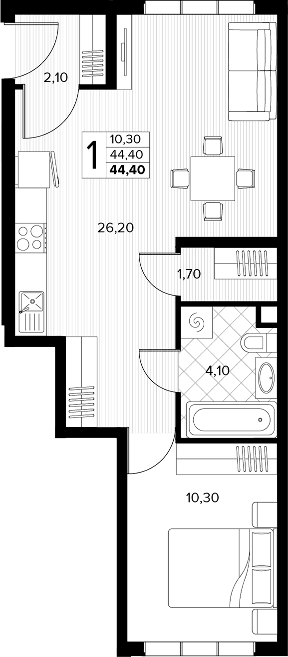 Продается 1-комн. квартира, 44.4 м²