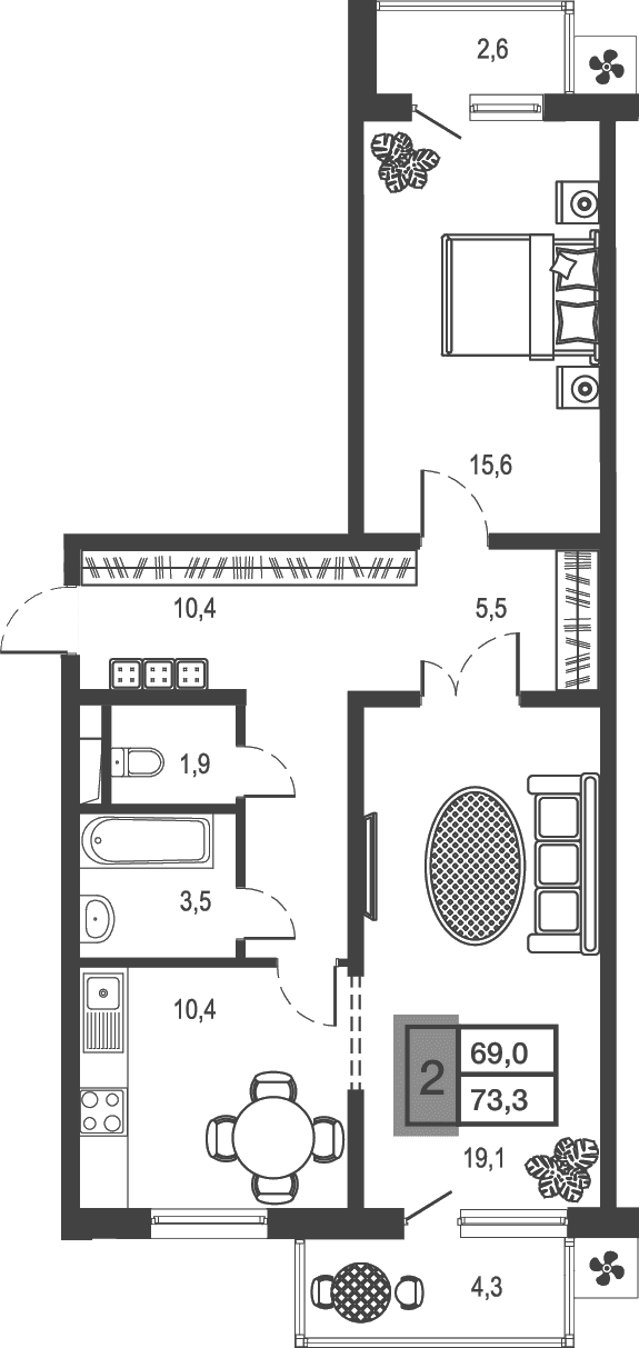 Продается 2-комн. квартира, 66.41 м²