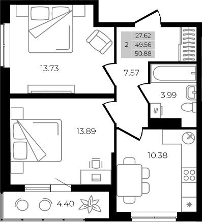Продается 2-комн. квартира, 49.56 м²