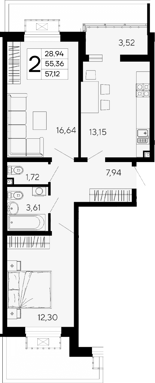 Продается 2-комн. квартира, 55.36 м²