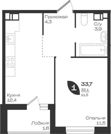 Продается 1-комн. квартира, 32.1 м²