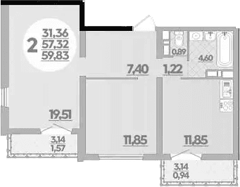 Продается 2-комн. квартира, 57.32 м²