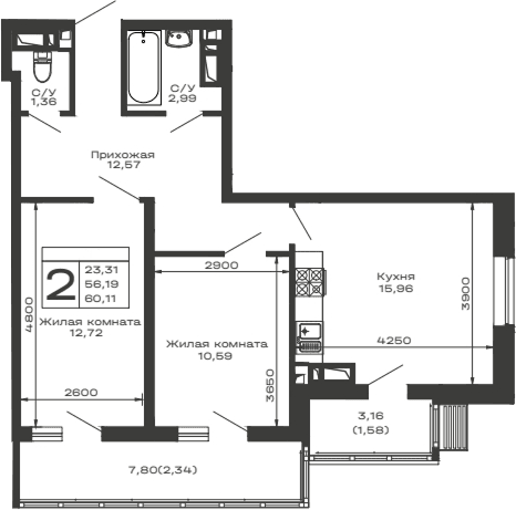 Продается 2-комн. квартира, 56.19 м²