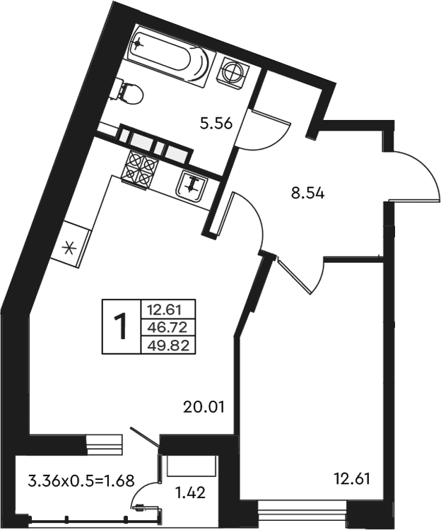 Продается 1-комн. квартира, 46.72 м²
