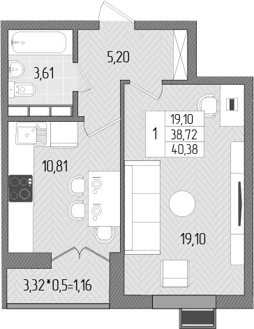 Продается 1-комн. квартира, 38.72 м²