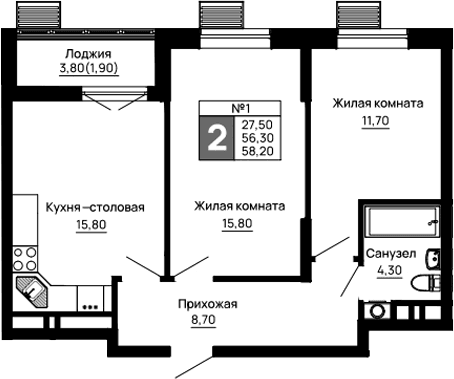 Продается 2-комн. квартира, 56.3 м²