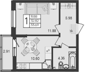 Продается 1-комн. квартира, 32.82 м²