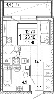 Продается 1-комн. квартира, 23.1 м²