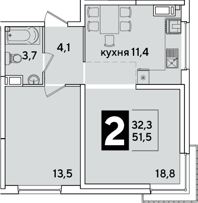 Продается 2-комн. квартира, 51.5 м²