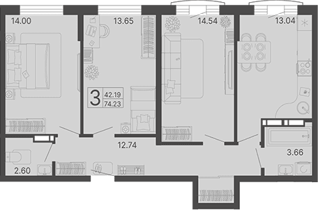 Продается 3-комн. квартира, 74.23 м²