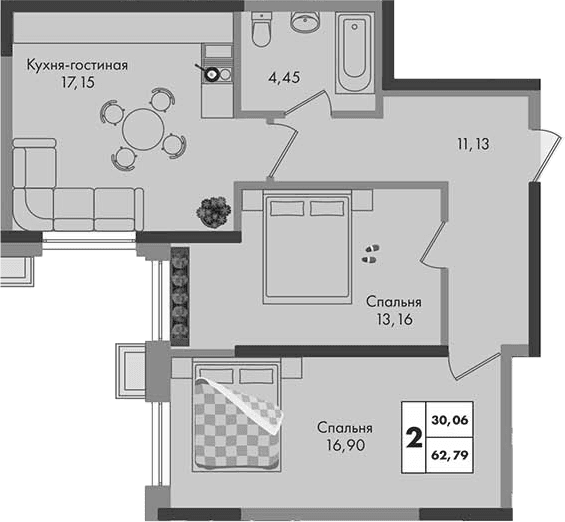 Продается 2-комн. квартира, 62.79 м²