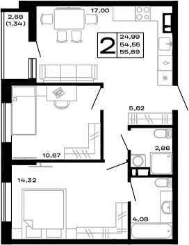 Продается 2-комн. квартира, 54.55 м²