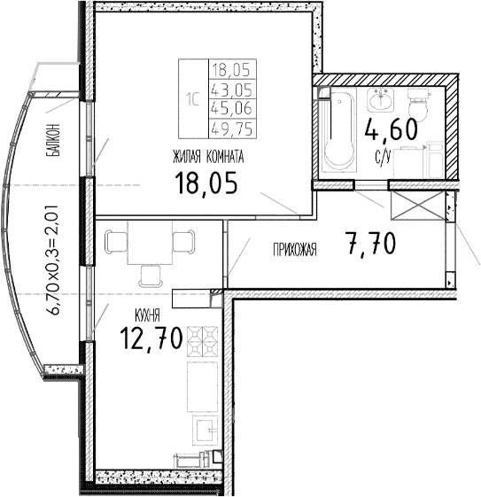 Продается 1-комн. квартира, 43.05 м²