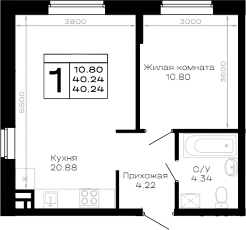 Продается 1-комн. квартира, 40.24 м²