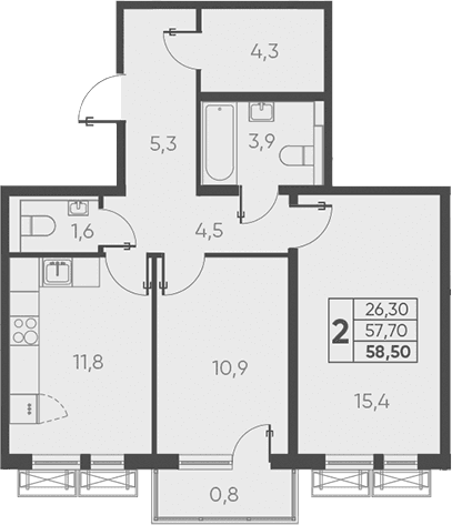 Продается 2-комн. квартира, 57.7 м²