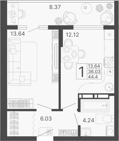 Продается 1-комн. квартира, 36.04 м²