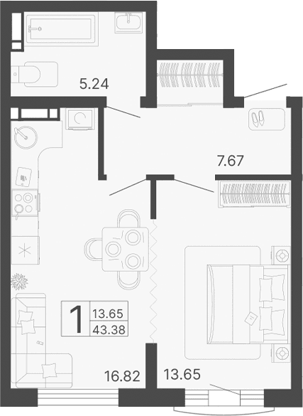 Продается 1-комн. квартира, 43.38 м²
