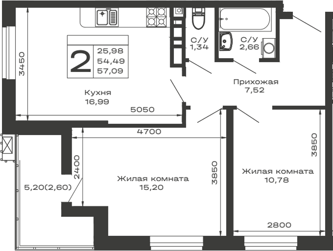 Продается 2-комн. квартира, 54.49 м²