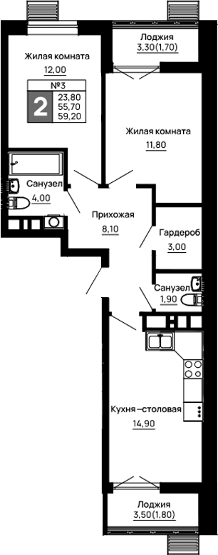 Продается 2-комн. квартира, 55.7 м²