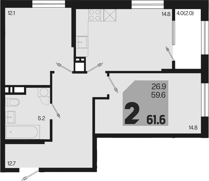 Продается 2-комн. квартира, 59.6 м²