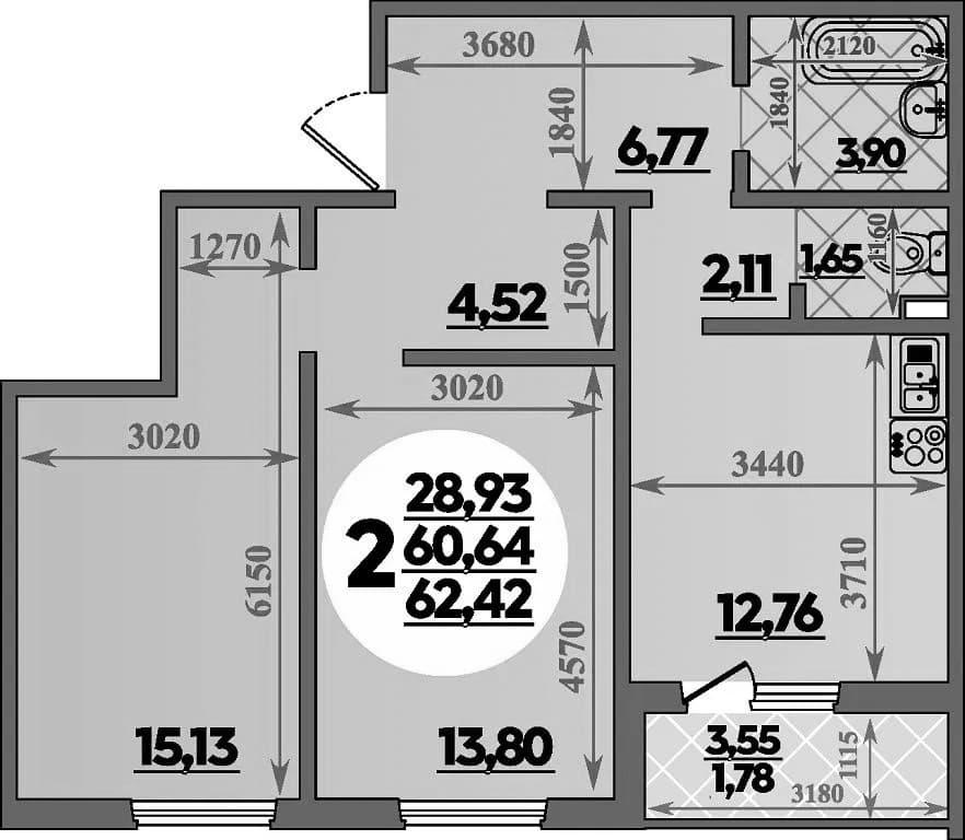 Продается 2-комн. квартира, 60.64 м²