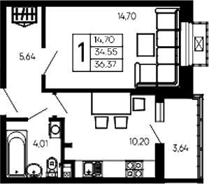 Продается 1-комн. квартира, 34.55 м²