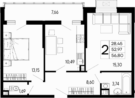 Продается 2-комн. квартира, 52.97 м²