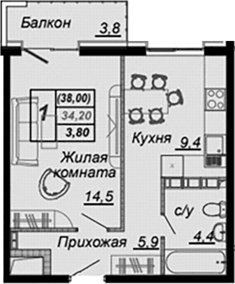 Продается 1-комн. квартира, 33.5 м²
