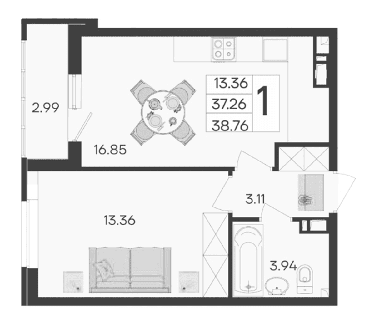 Продается 1-комн. квартира, 37.26 м²