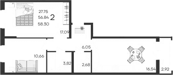 Продается 2-комн. квартира, 56.84 м²