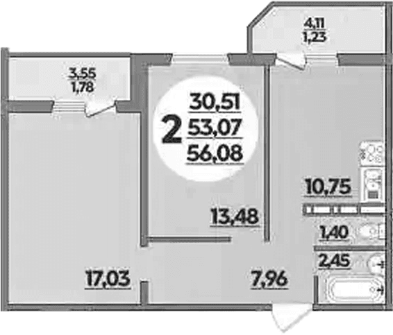 Продается 2-комн. квартира, 53.07 м²