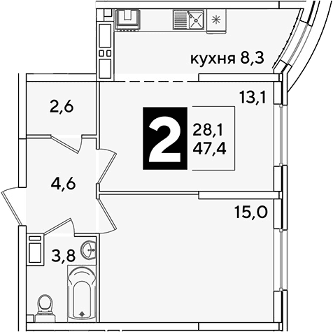 Продается 2-комн. квартира, 47.4 м²