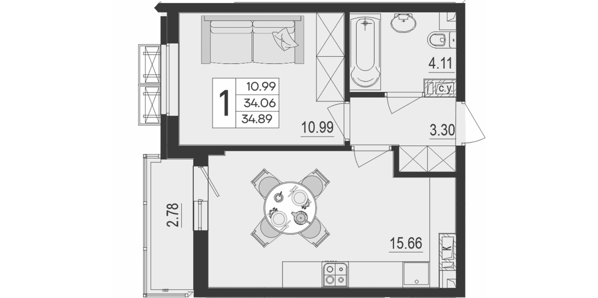 Продается 1-комн. квартира, 34.06 м²