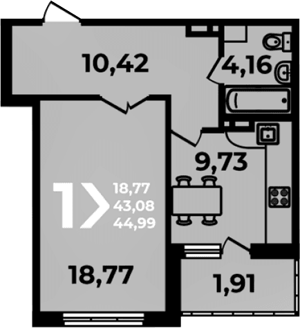 Продается 1-комн. квартира, 43.08 м²
