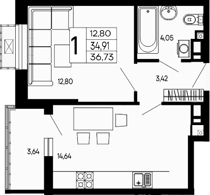 Продается 1-комн. квартира, 34.91 м²