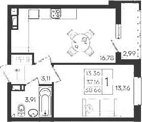 Продается 1-комн. квартира, 37.16 м²