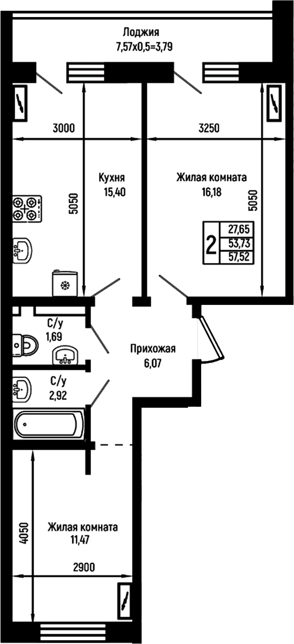 Продается 2-комн. квартира, 53.73 м²