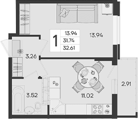 Продается 1-комн. квартира, 31.74 м²